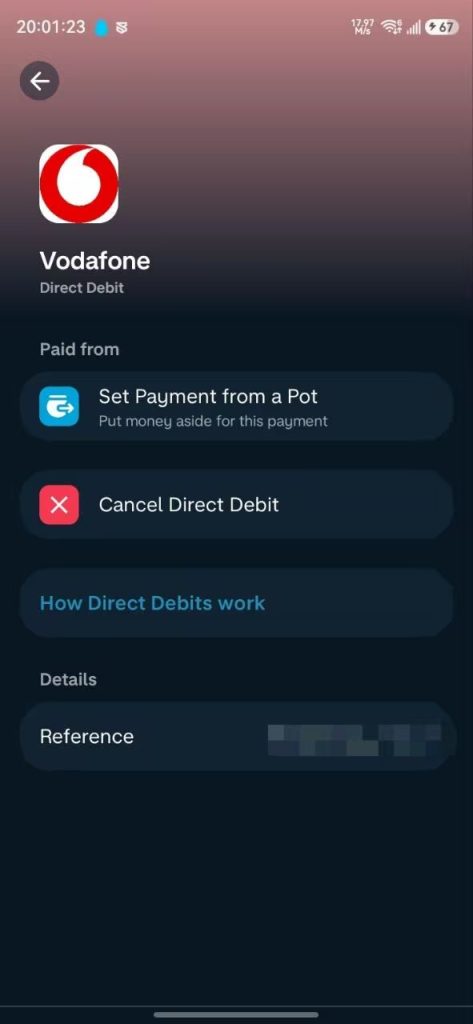 Monzo App 中设置好的 Vodafone Direct Debit